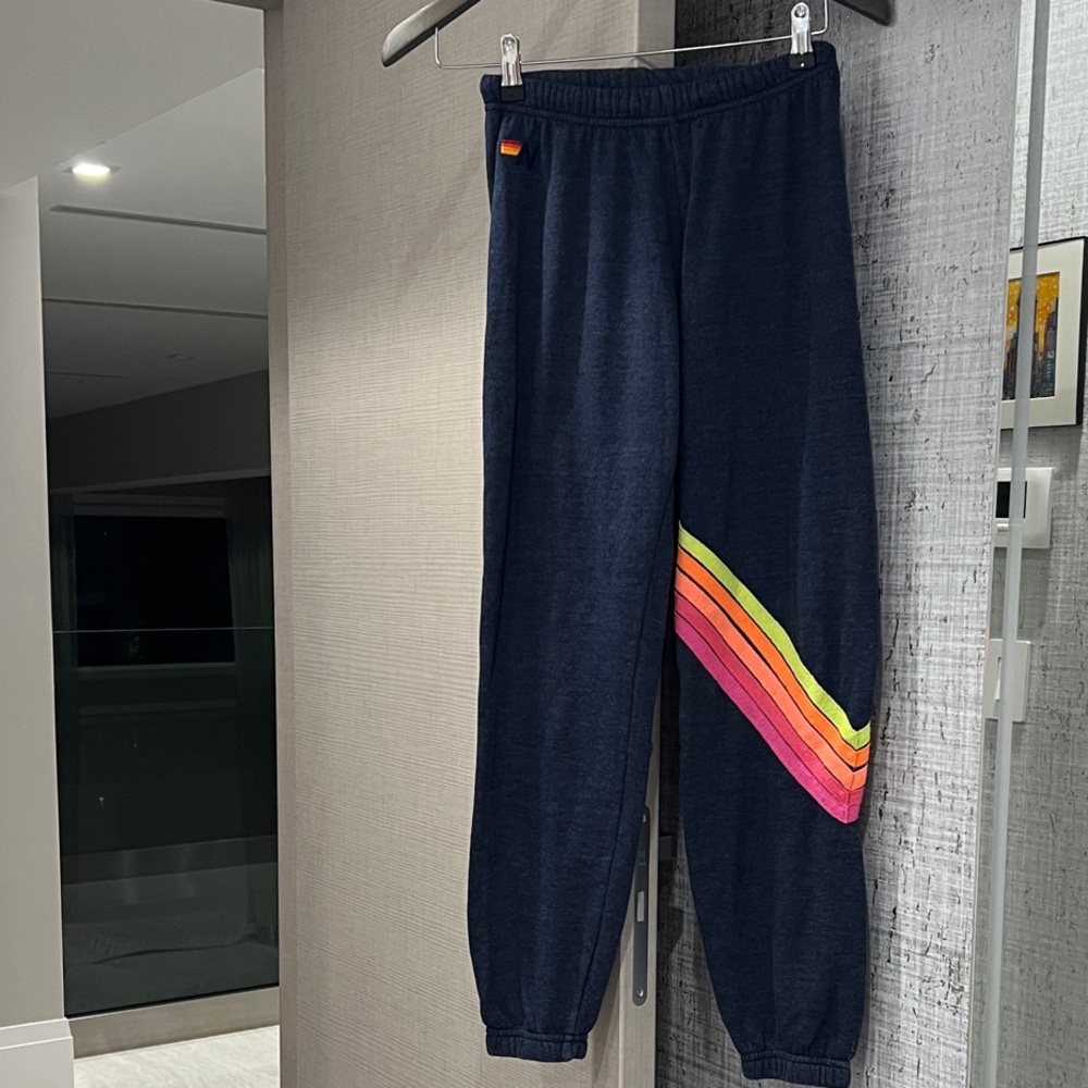 Aviator Nation Navy Joggers with Rainbow Stripe